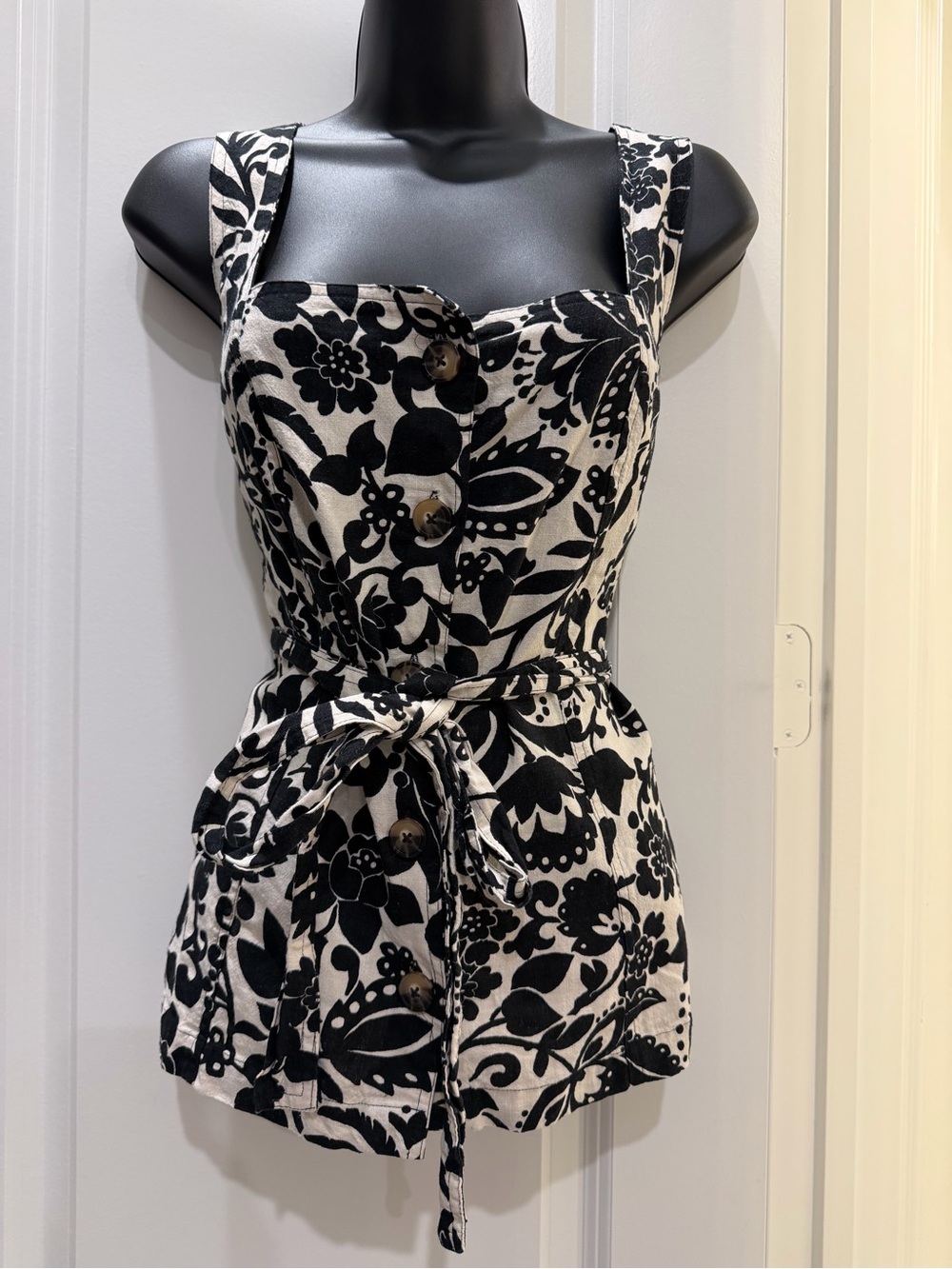 Ann Taylor Linen Blend Floral Belted Bustier Top Black Ivory Size L